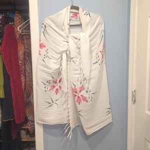 FINAL PRICE Vintage White Tropical Fringed FloraL Sarong from Cozumel Mexico